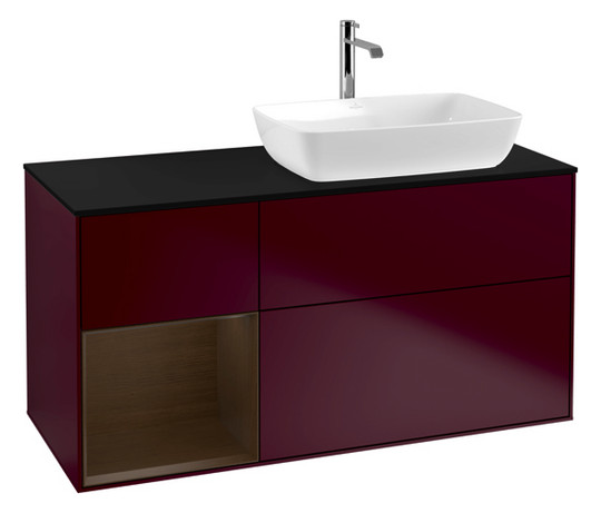 V&B Waschtisch-Unterschrank Finion 120cm, Abdeckplatte black matt, Regal Walnut Veneer, Peony Matt