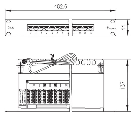 Patchpanel 24Ports 1HE Cat5E 44x482x137mm 19Zoll-Einbau