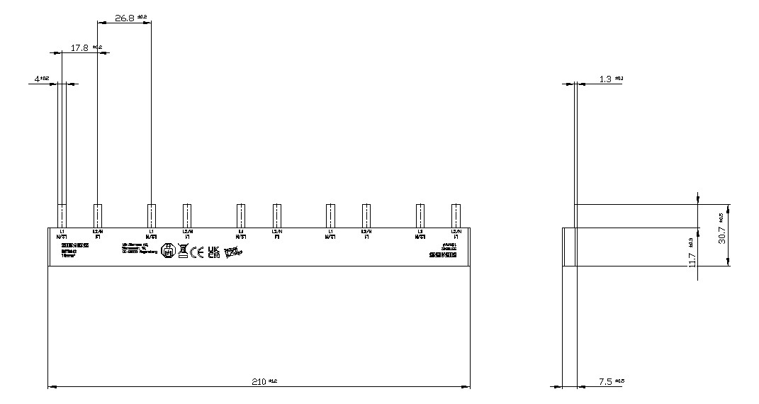 Phasenschiene 3ph 18mm 209,5mm 16qmm 80A Stift Isoliert