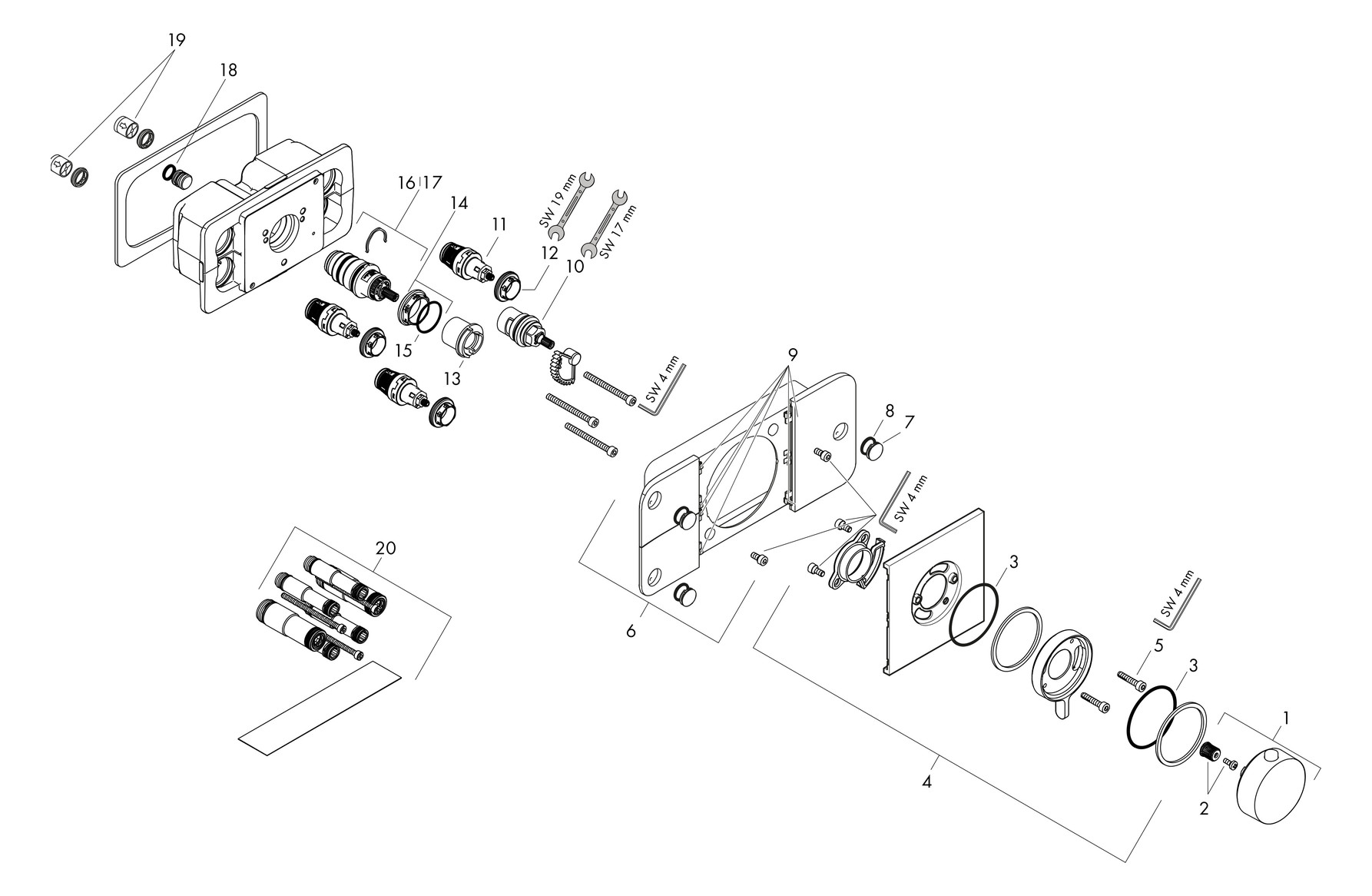 hansgrohe Fertigmontageset Axor One UP-Thermostatmodul, 3 Verbraucher, mattschwarz