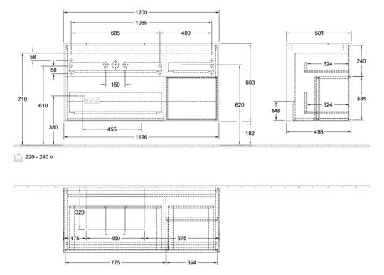 V&B Waschtisch-Unterschrank Finion 120cm, Abdeckplatte white matt, Regal rechts Oak Veneer, Glossy white lacquer