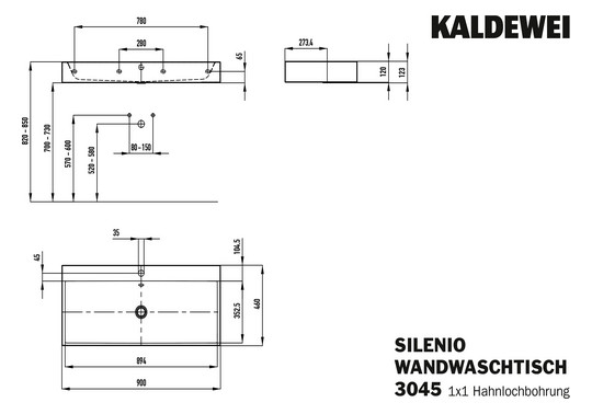 Kaldewei Wand-Waschtisch SILENIO 3045, 90 x 46 x 12 cm, warm grey 10 Perl-Effekt, ohne Überlauf, mit Hahnloch