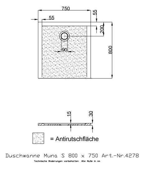 Hoesch Mineralguss-Duschwanne Muna S 80 x 75 x 3 cm, Steingrau, Antirutsch