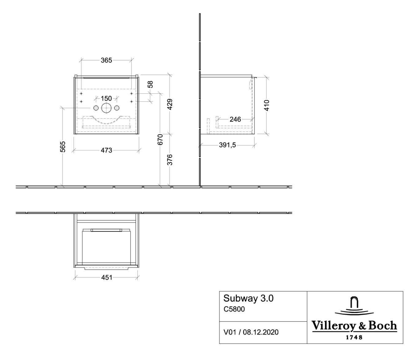 V&B Waschtisch-Unterschrank Subway 3.0 47,3x42,9x40,8cm, ohne LED/Griff Aluminium glänzend, brilliant white