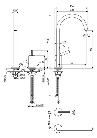 Ideal-Standard Küchen-2-Loch-Armatur Gusto quadratischer, hoher Auslauf, Ausladung 204mm, chrom