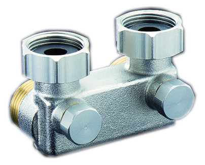Oventrop Umlenkstück G 3/4 ÜM x G 3/4 Eurokonus, Eck, mit Absperrung, Messing vernickelt