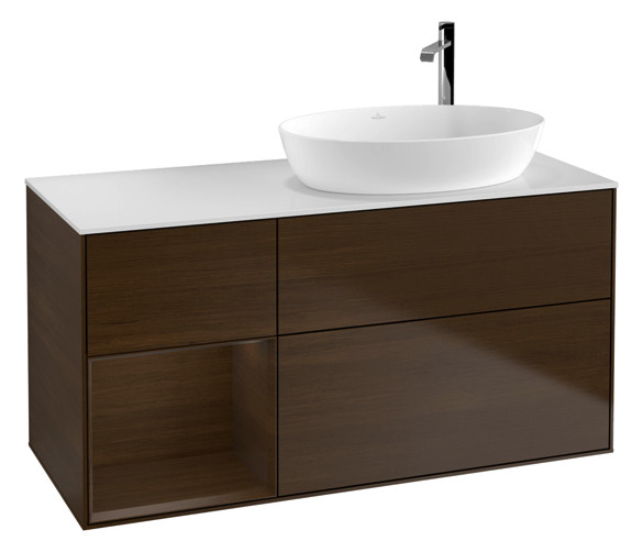 V&B Waschtisch-Unterschrank Wandbeleuchtung Finion 120cm, Abdeckplatte white matt, Regal Walnut Veneer, Walnut veneer