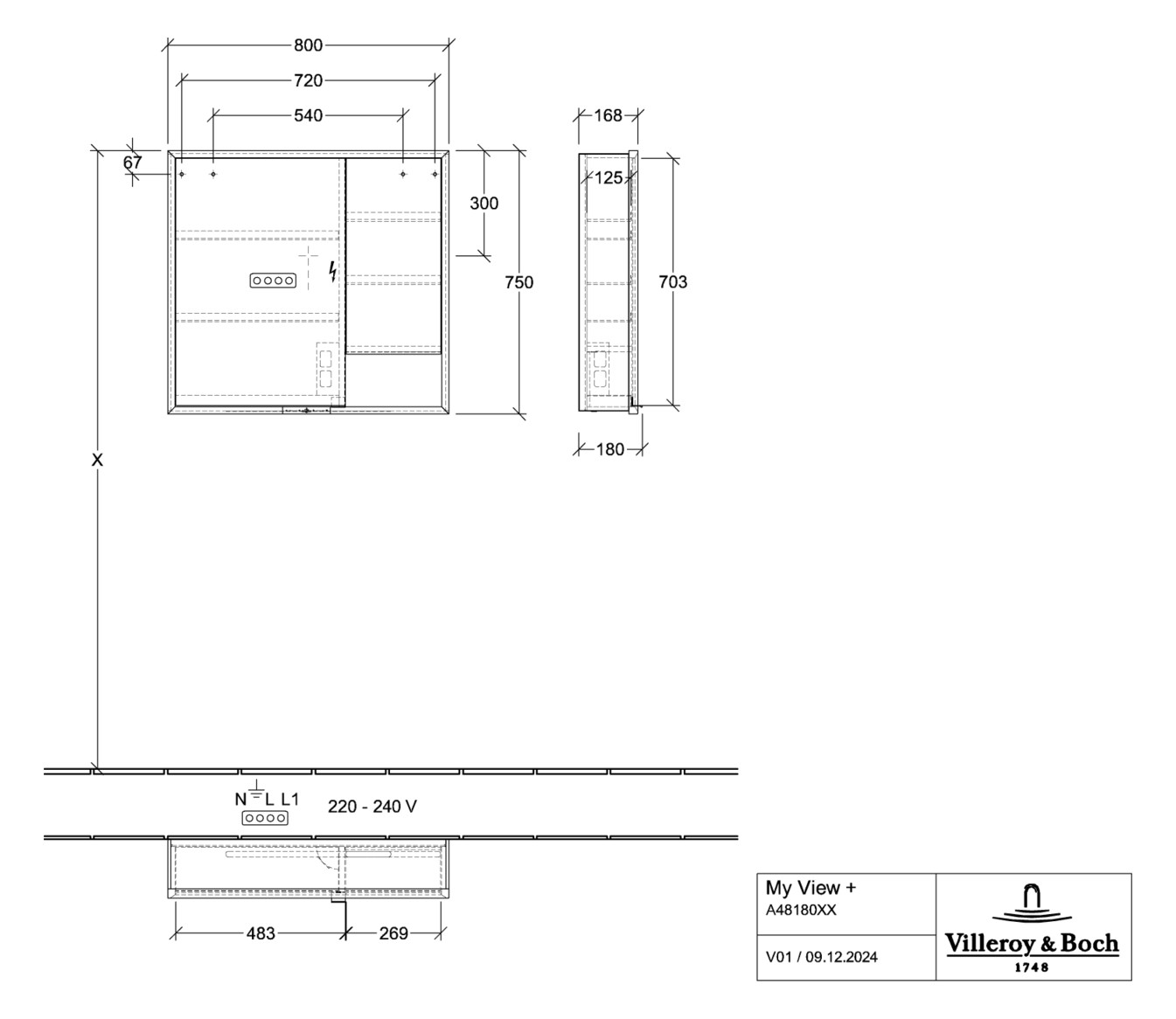 V&B Spiegelschrank My View + 80 x 75 x 16,8 cm, Nordic Oak, LED-Beleuchtung, Aluminium silber matt eloxiert