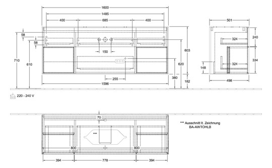 V&B Waschtisch-Unterschrank Wandbeleuchtung Finion 160cm, Abdeckplatte white matt, Regal Glossy white lacquer, Walnut veneer