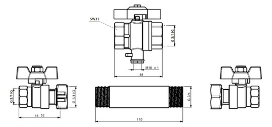 Deltamess Einbausatz G 3/4 (G 3/4) x 110 mm, mit 2 Kugelhahnverschraubungen