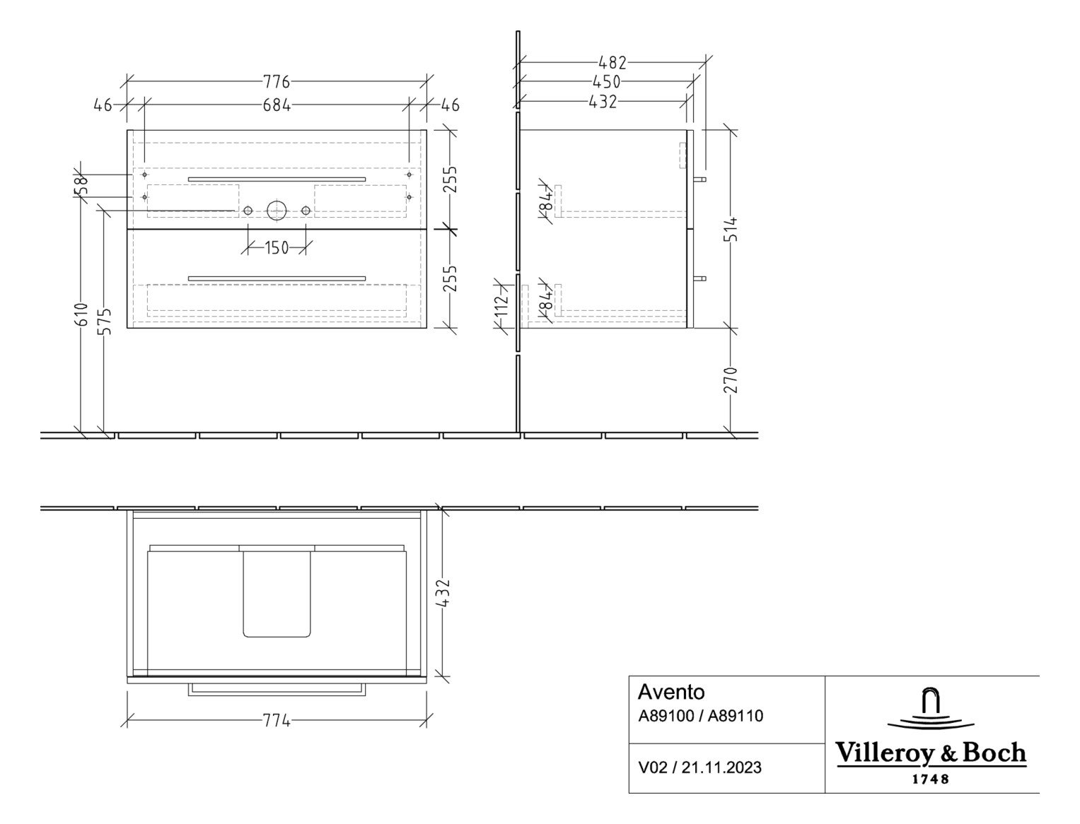 V&B Waschtisch-Unterschrank Avento 78x51,4x48,4cm, 2 Auszüge, wandhängend, Griff Chrome Glanz, Kansas Oak