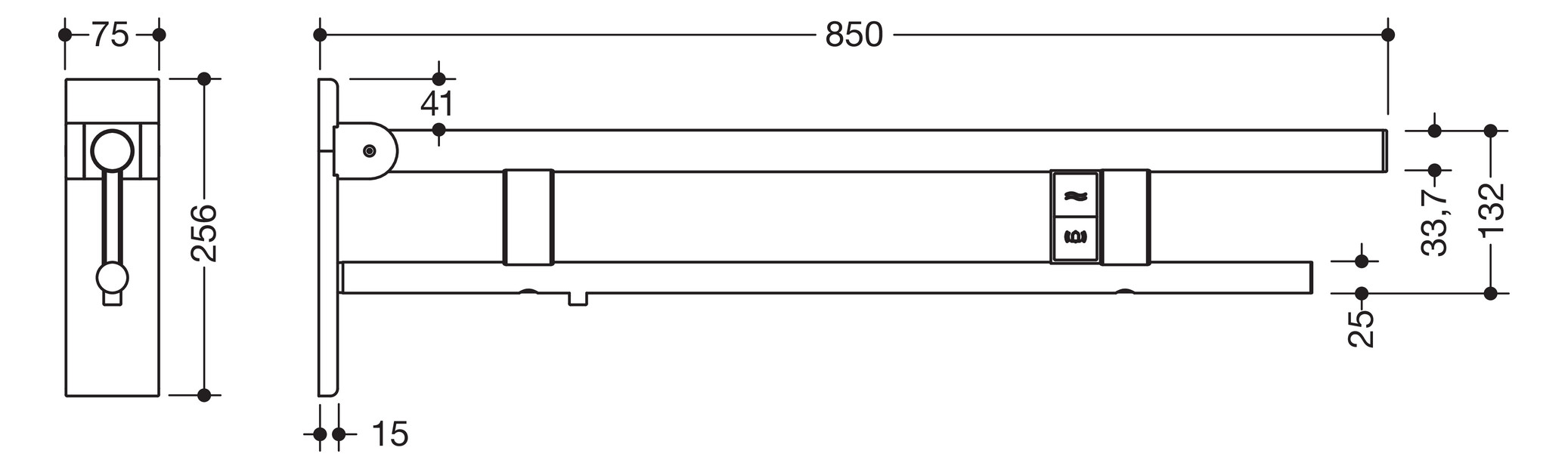 HEWI Stützklappgriff System 900 Ausladung 850 mm, Edelstahl matt geschliffen, links