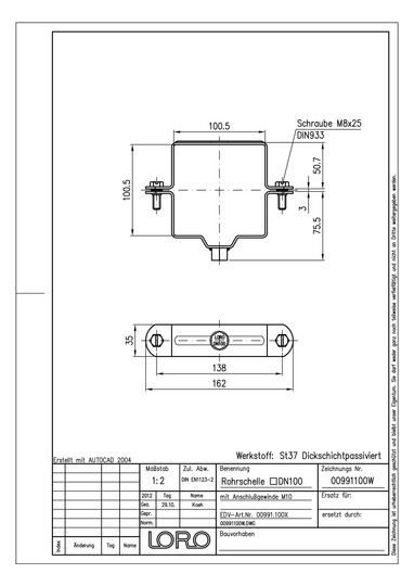 LORO X Rohrschelle DN 100, M 10, mit Anschlussmuffe, quadratisch, verzinkt