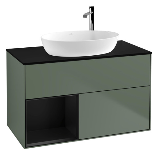 V&B Waschtisch-Unterschrank Finion 100cm, Abdeckplatte black matt, Regal Black matt lacquer, Olive Matt Lacquer