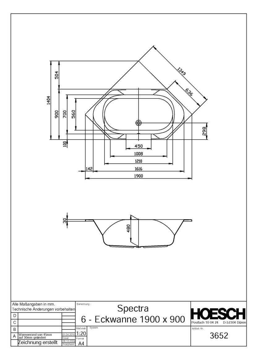 Hoesch 6-Eck-Badewanne Spectra weiß, 190 x 90 cm, 220 l