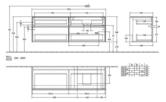 V&B Waschtischunterschrank Collaro 160x54,8x50cm, Waschtisch rechts, LED-Beleuchtung 12W, white wood