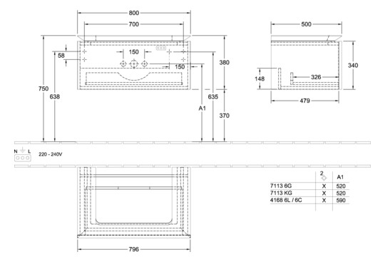 V&B Waschtischunterschrank Legato 80x38x50cm, Waschtisch mittig, mit LED-Beleuchtung, Kansas Oak