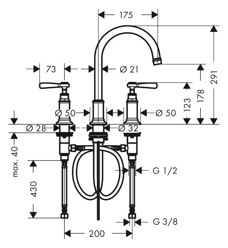 hansgrohe 3-Loch-Waschtischarmatur 180 Axor Montreux Ausladung 175mm, mit Hebelgriffe, Zugstangen-Ablaufgarnitur, brushed red gold