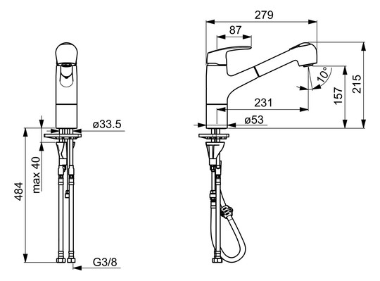 HANSA Spültisch-Einhebelmischer HANSAPINTO Ausziehbrause, 2-strahlig, schwenkbar, Ausladung 231 mm, chrom