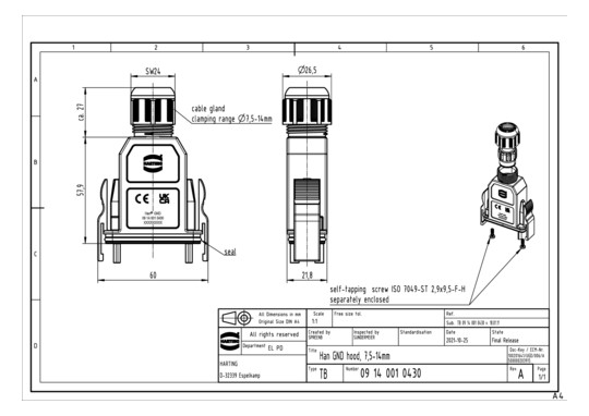HART Han GND Tüllengehäuse,  09140010430 