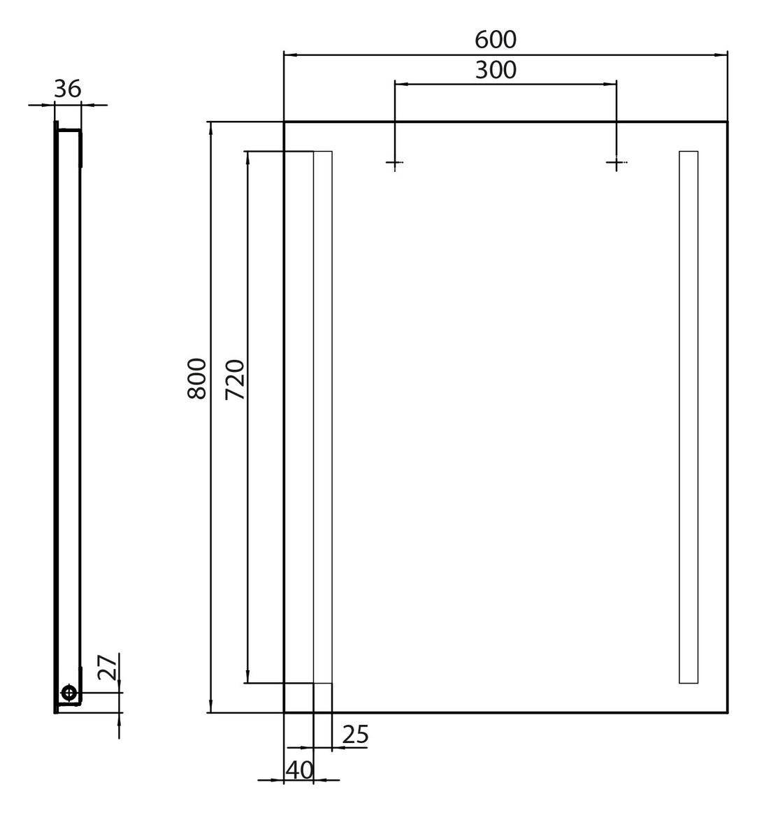 EMCO LED-Lichtspiegel MI 270 600 x 800 mm, 2 Lichtausschnitte links/rechts, Sensorschalter/Unterlicht