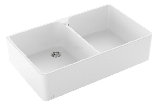 V&B Spülstein Doppelbecken 90 X Ablaufgarnitur mit Handbetätigung, mit Handbetätigung, weiß alpin CeramicPlus