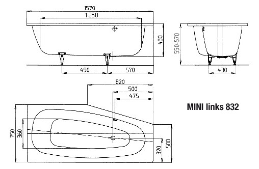 Kaldewei Badewanne MINI links 832 157x75/50cm, Vollantislip Perl-Effekt, manhattan