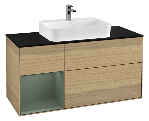 V&B Waschtisch-Unterschrank Finion 120cm, Abdeckplatte black matt, Regal links Olive Matt Lacquer, Oak Veneer