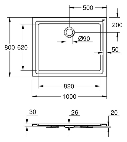 GROHE Duschwanne Universal 80 x 100 x 3 cm, Acryl, alpinweiß