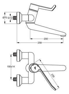 Ideal-Standard Wand-Waschtischsicherheits-Einhebelmischer CeraPlus Ausladung 200 mm, AP, absperrbare S-Anschlüsse, verchromt