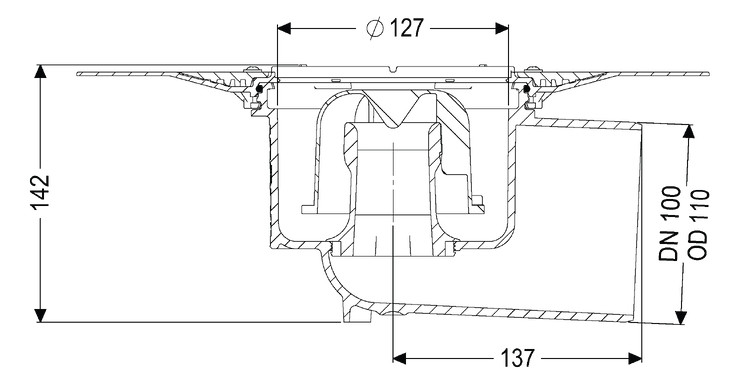 Kessel Boden-Deckenablauf-Grundkörper Ecoguss Auslauf seitlich, Ecoguss mit Klebeflansch, DN 100