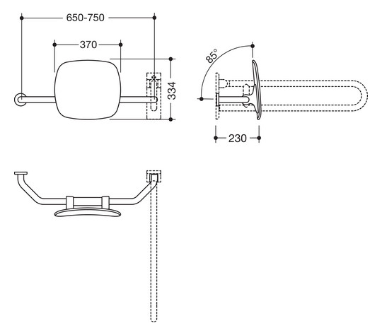 HEWI Rückenstütze 801 Wandabstand 230mm, rechts, Lehne tiefschwarz, umbra
