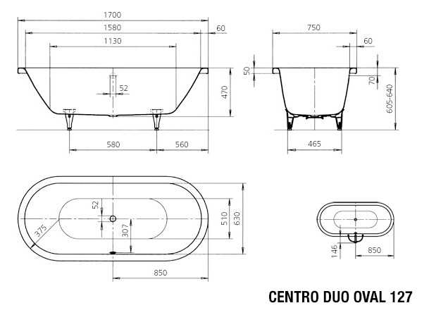 Kaldewei Badewanne CENTRO DUO oval 127 170x75cm, Griffloch, Perl-Effekt, Rutschhemmend, bahamabeige