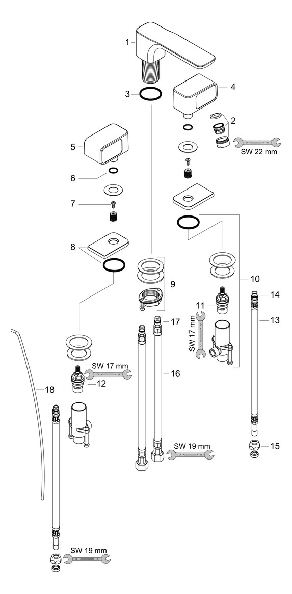 hansgrohe 3-Loch-Waschtischarmatur 50 Axor Urquiola Ausladung 180mm, mit Zugstangen-Ablaufgarnitur, Rosetten, chrom