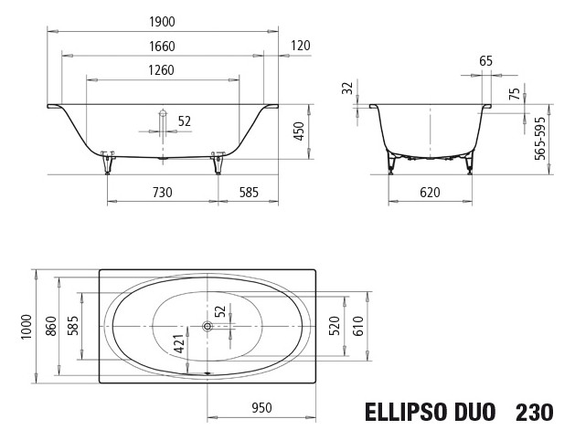 Kaldewei Badewanne ELLIPSO DUO 230 190x100cm, Griffloch, Antislip, schwarz