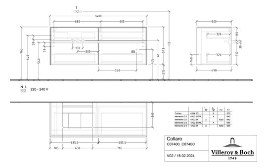 V&B Waschtischunterschrank Collaro 140x54,8x50cm, Waschtisch links, glossy white