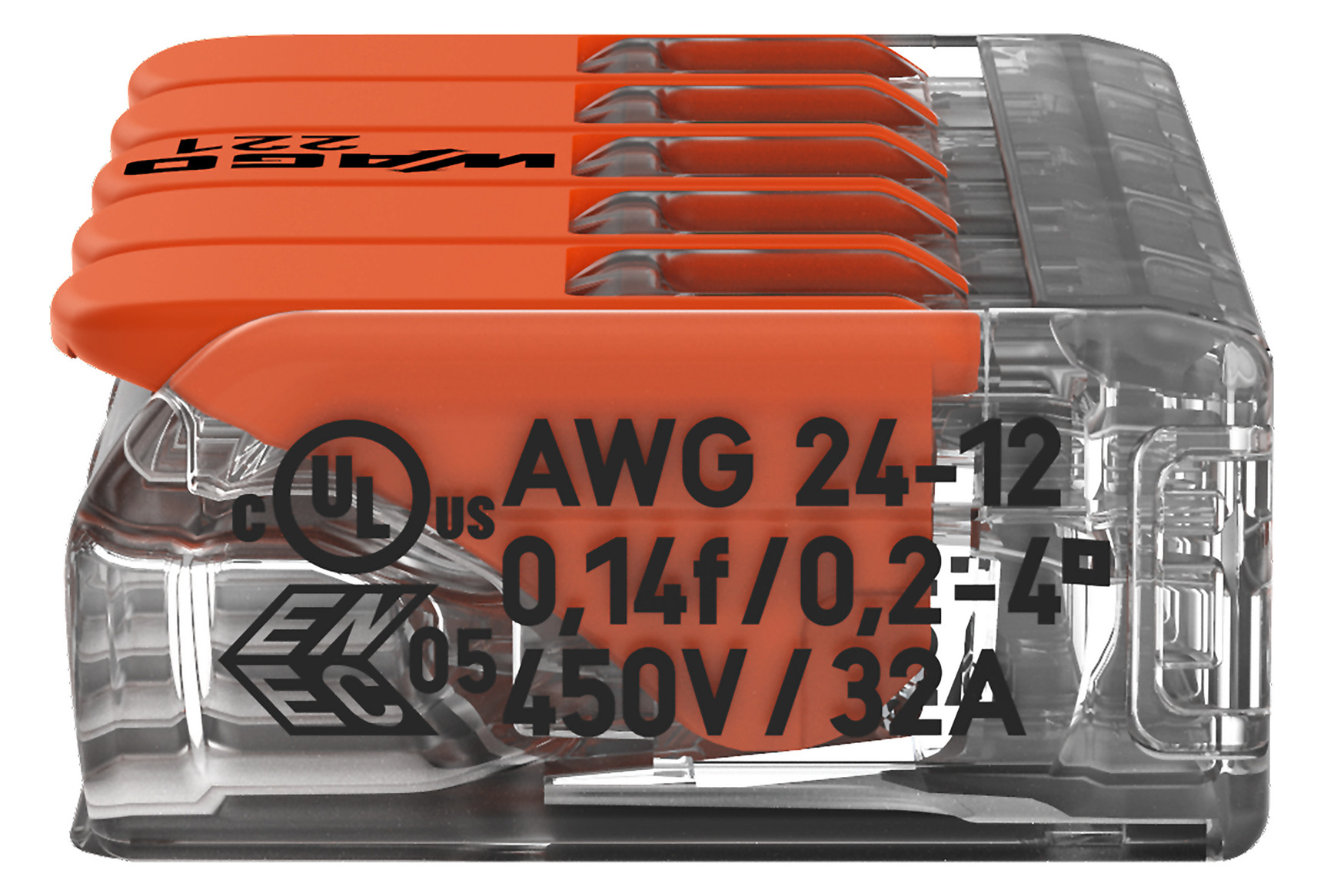 Steckklemme 5f 450V 32A Serie 221 0,2-4qmm m.BetätiHebel f.Massivleiter