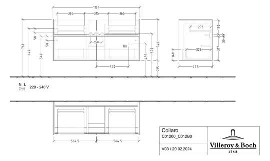 V&B Waschtischunterschrank Collaro 115,4x54,6x44,4cm, Waschbecken mittig, LED, white matt