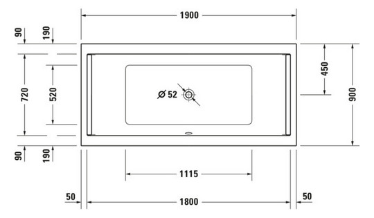 Duravit Rechteck-Badewanne Starck 190 x 90 x 46 cm, Einbauversion, 2 Rückenschrägen, weiß