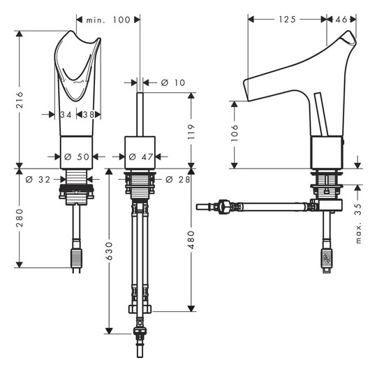 hansgrohe 2-Loch-Waschtisch-Armatur Axor Starck V 110 mit Ablaufgarnitur, brushed brass