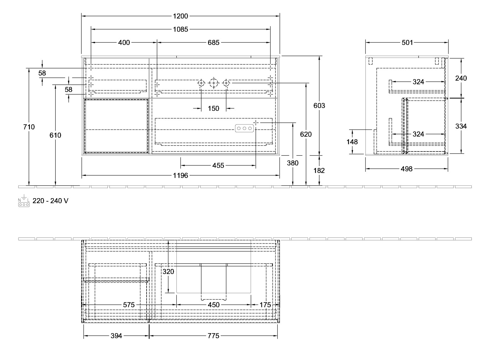 V&B Waschtisch-Unterschrank Abdeckplatte Glass Black Matt Finion 120cm, Regal links Olive Matt Lacquer, Oak Veneer