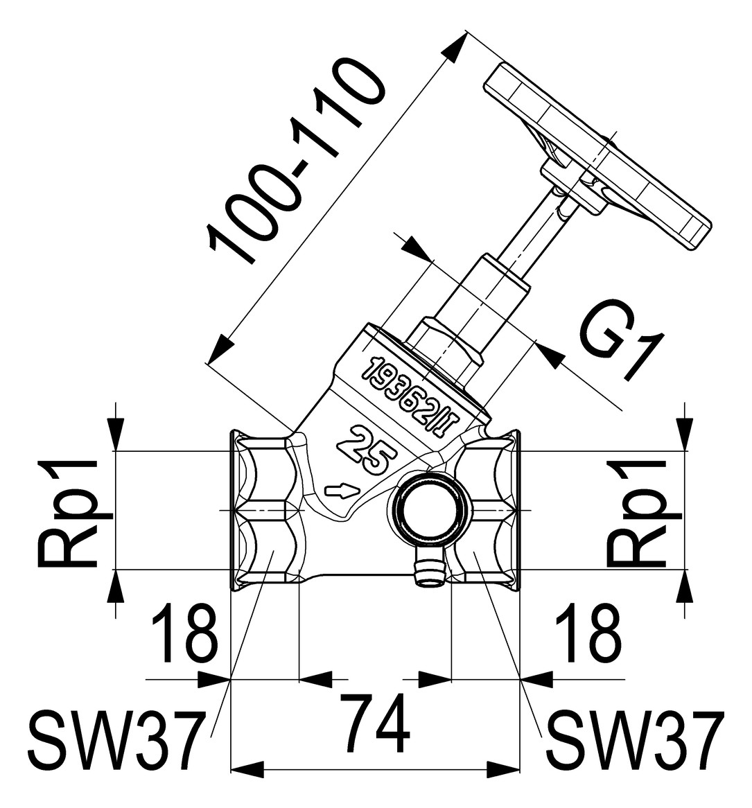 Schlösser Schrägsitzventil 1410 DN 25, Rp 1, mit Entleerung, steigende Spindel