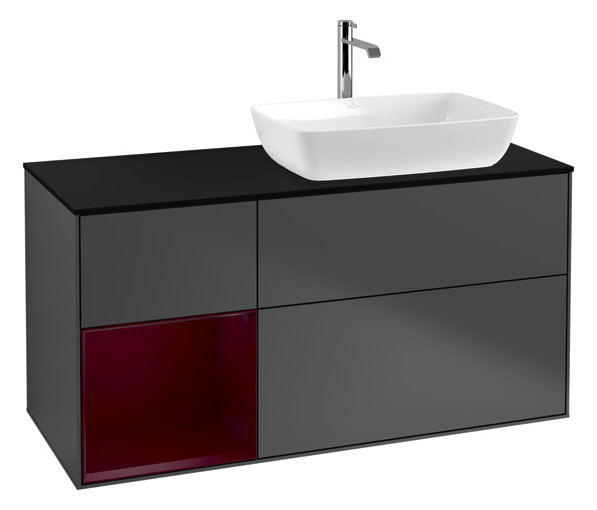V&B Waschtisch-Unterschrank Finion 120cm, Abdeckplatte black matt, Regal Peony matt lacquer, Anthracite matt