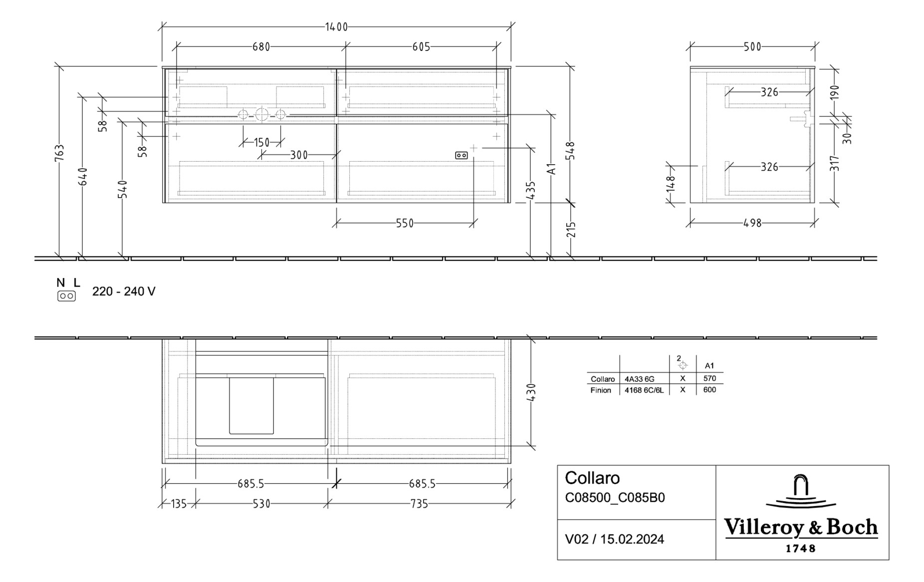V&B Waschtischunterschrank Collaro 140x54,8x50cm, Waschtisch links, white wood