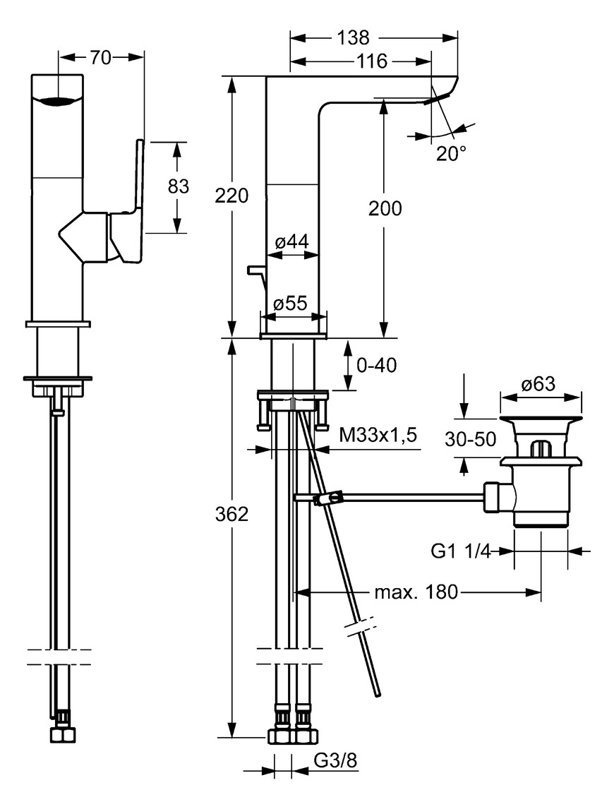 HANSA Waschtisch-Einhebelmischer HANSALIGNA Hebel seitlich, mit Ablaufgarnitur, Ausladung 116mm, chrom