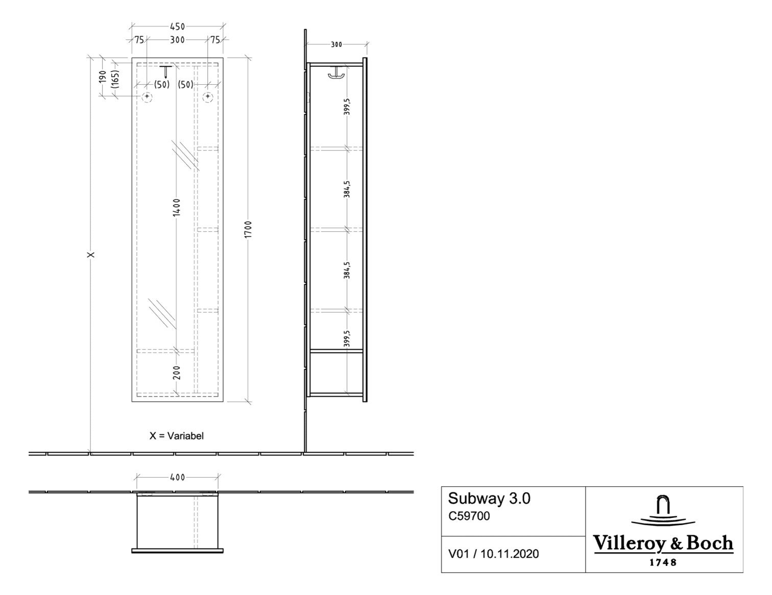 V&B Spiegelregal Subway 3.0 45x170x30cm, mit Regal rechts, brilliant white