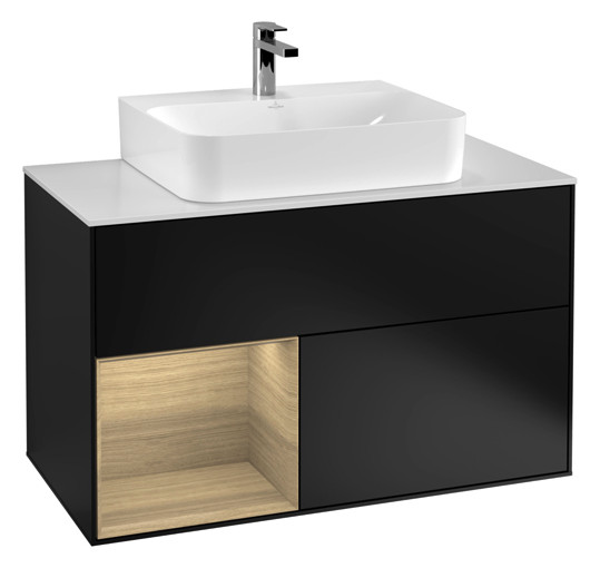 V&B Waschtisch-Unterschrank Finion 100cm, Abdeckplatte black matt, Regal links Oak Veneer, Black matt lacquer