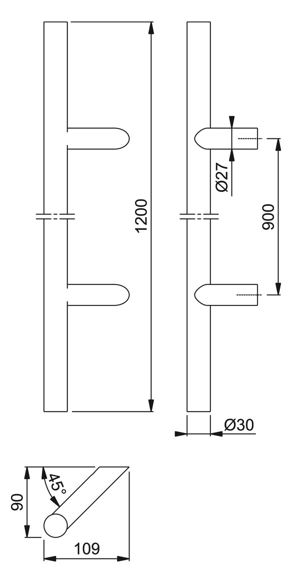 Bild HOPPE Stoßgriff E5012, BA 900mm, Breite 109mm, L 1.200mm, Durchmesser 30mm, verdeckt verschraubt, schwarz matt-1