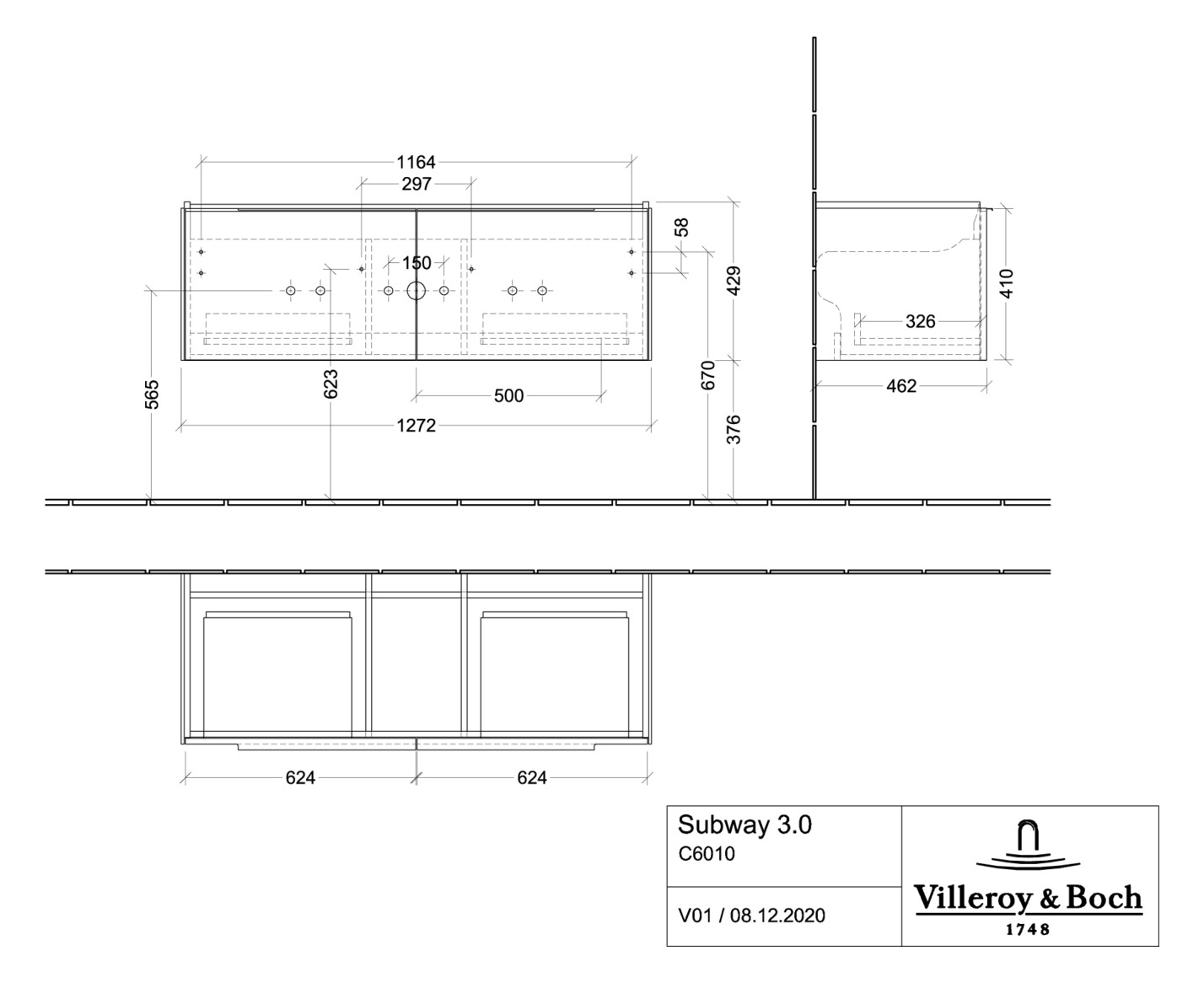 V&B Waschtisch-Unterschrank Subway 3.0 127,2x42,9x47,8cm, ohne LED/Griff Aluminium glänzend, pure white