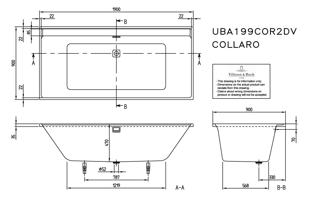 V&B Rechteck-Badewanne Collaro Duo 190x90cm, Einbauausführung Gold, stone white